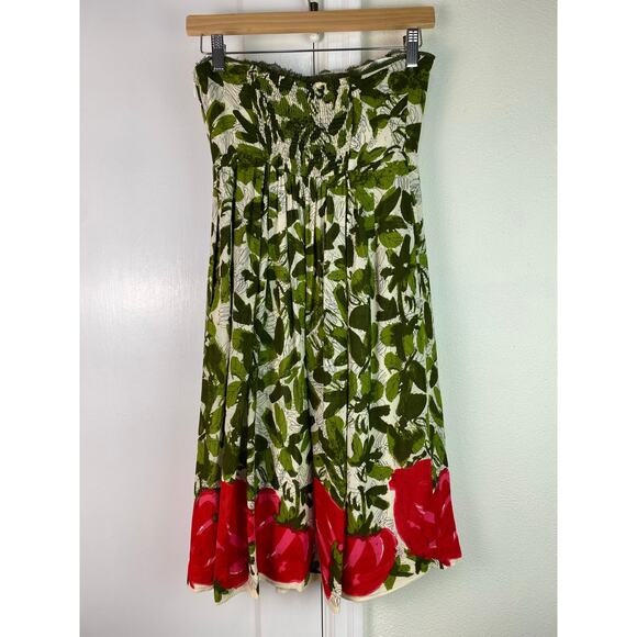 We Vera Women's Size 2 Cream Green Red Floral Strapless Lined A-Line Dress - Picture 6 of 10